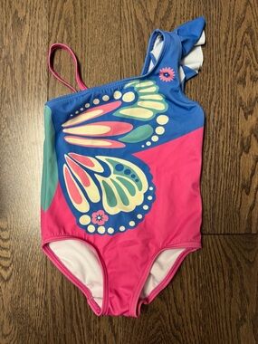 Mini Boden One-Shoulder Butterfly Print Swimsuit - Pink, Blue & Teal2/3